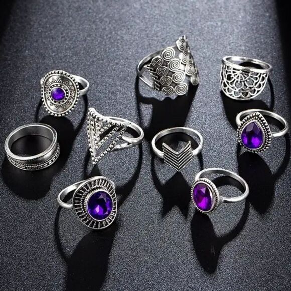 Vintage Geometric Hollow Purple Gemstone 9pcs ring Set - Picture 8 of 8